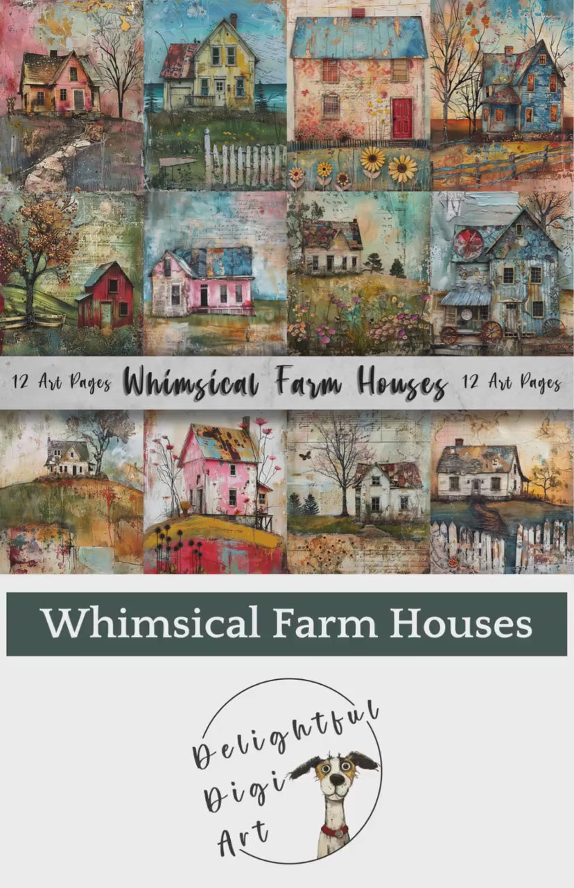 Whimsical Farm Houses Printable Art Pages| Digital Download Paper Set| Quirky Digital Paper Mixed Media Houses| Junk Journal Art Card Making