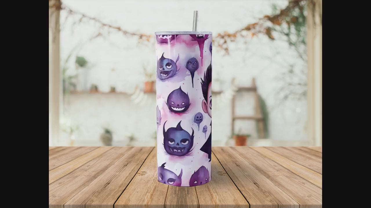 Cute Vampire Halloween 20oz Skinny Tumbler Sublimation Wrap | Digital Download Straight Tumbler Wrap PNG | Seamless Design | Whimsical Art