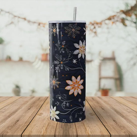 Fantastic Flurries Embroidery Effect Seamless 20oz Tumbler Sublimation Design, Snow Flake Embroidered Look Straight Tumbler Wrap PNG