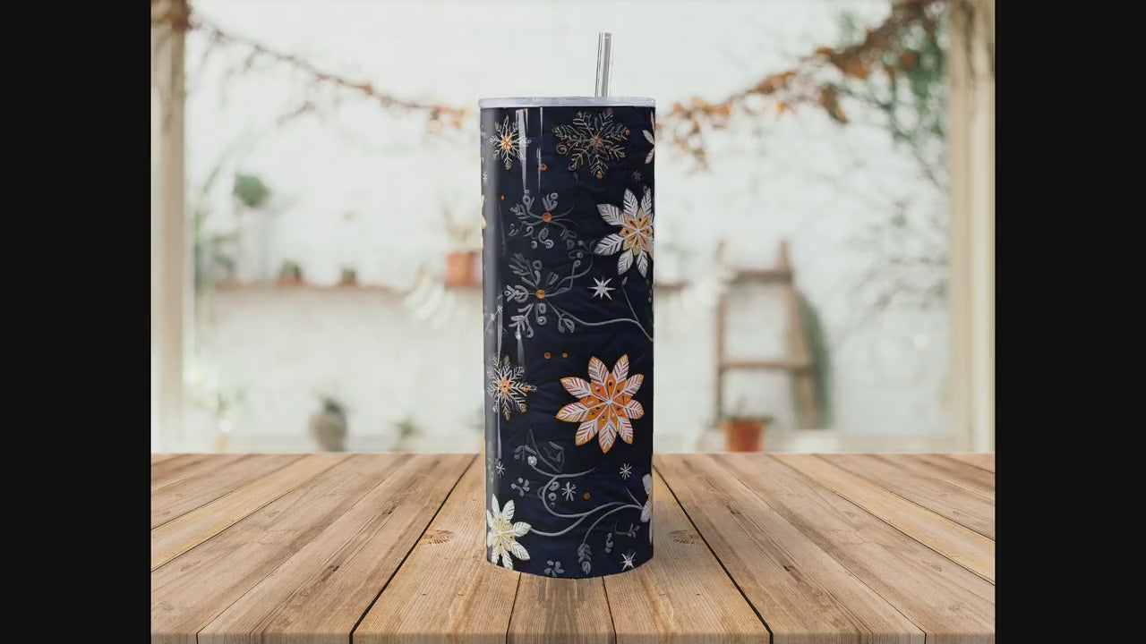 Fantastic Flurries Embroidery Effect Seamless 20oz Tumbler Sublimation Design, Snow Flake Embroidered Look Straight Tumbler Wrap PNG