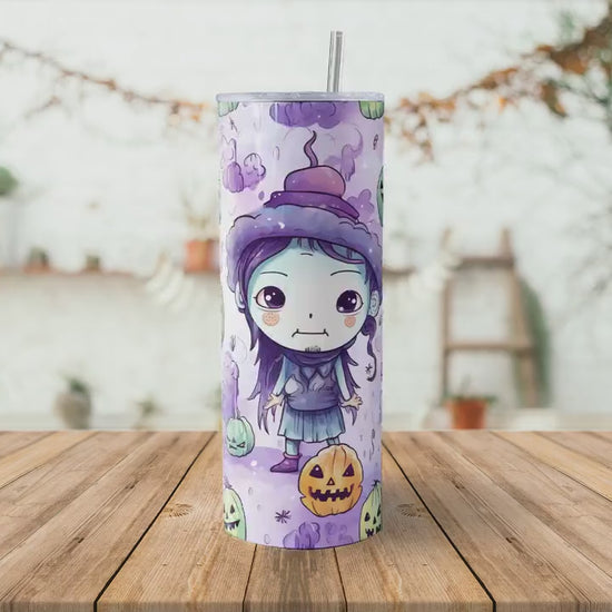 Cute Witch Halloween 20oz Skinny Tumbler Sublimation Wrap | Digital Download Straight Tumbler Wrap PNG | Seamless Design| Whimsical Artwork