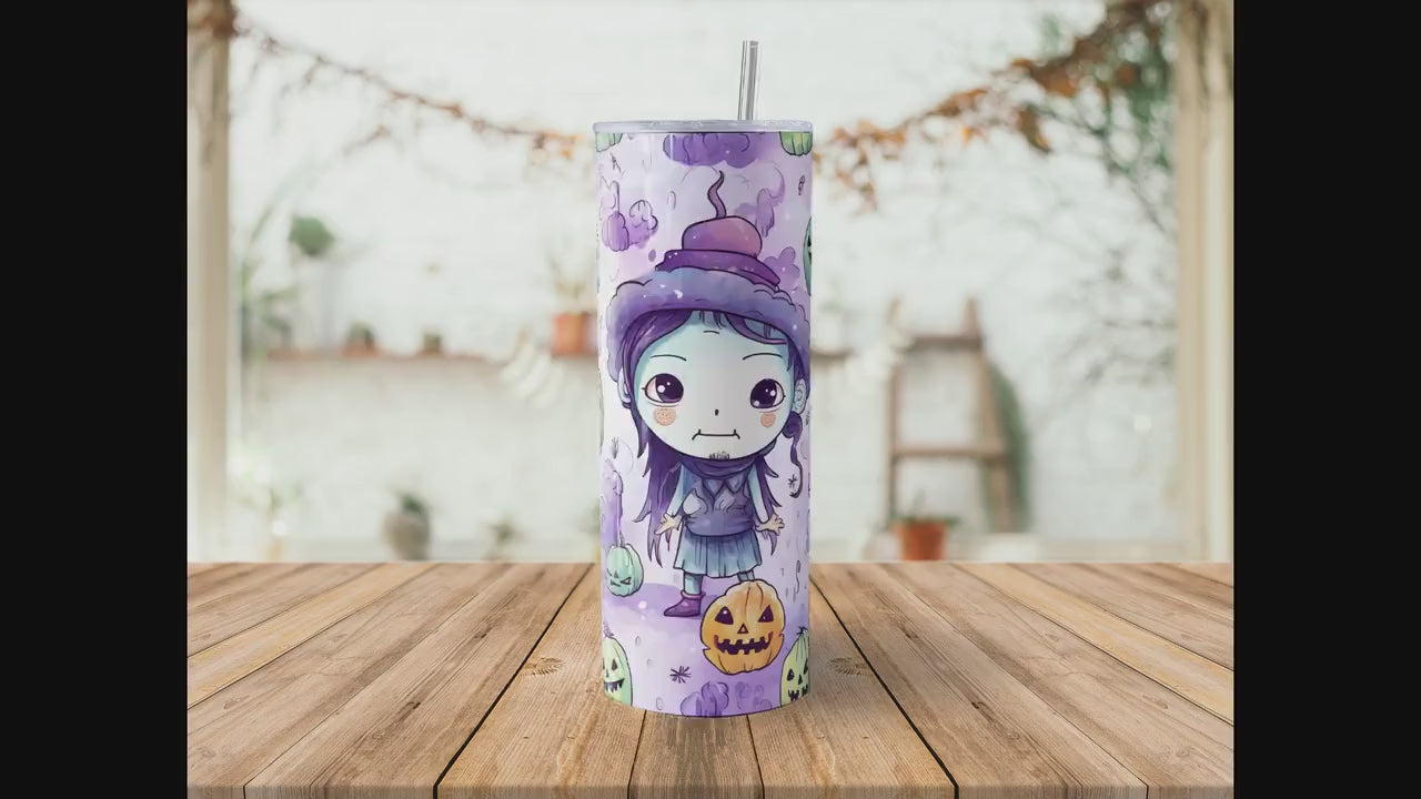 Cute Witch Halloween 20oz Skinny Tumbler Sublimation Wrap | Digital Download Straight Tumbler Wrap PNG | Seamless Design| Whimsical Artwork