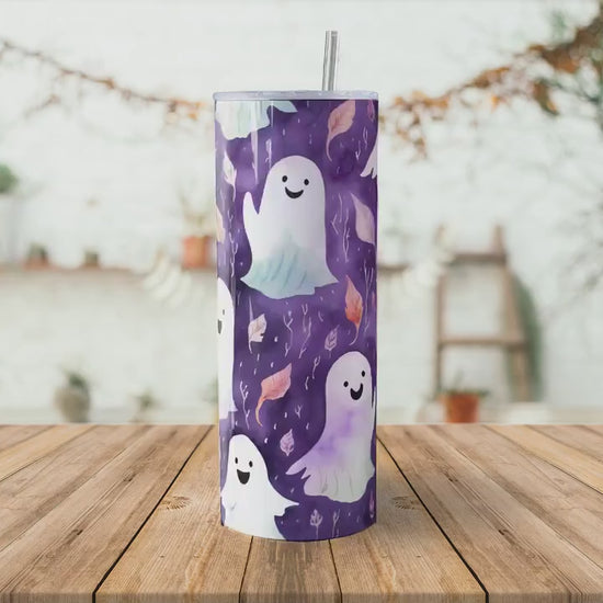 Cute Ghost 20oz Skinny Tumbler Sublimation Wrap | Digital Download Straight Tumbler Wrap PNG | Seamless Spooky Ghost Design| Retro Art