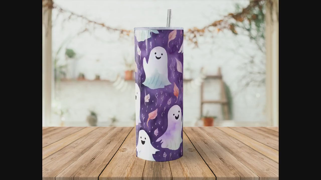 Cute Ghost 20oz Skinny Tumbler Sublimation Wrap | Digital Download Straight Tumbler Wrap PNG | Seamless Spooky Ghost Design| Retro Art