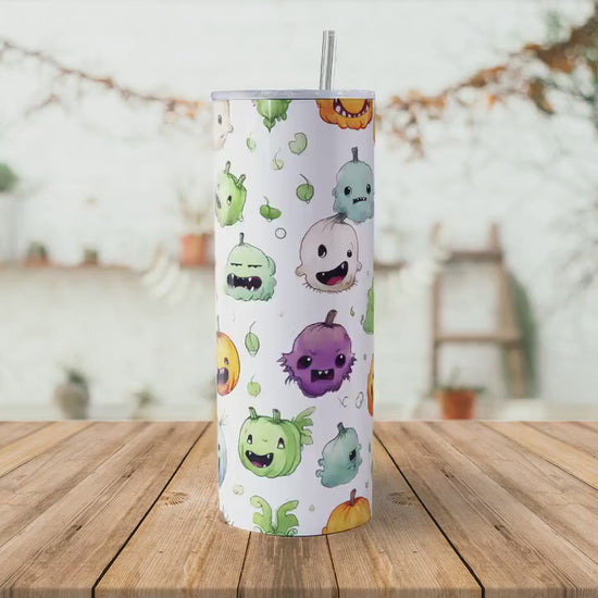 Cute Halloween Monsters 20oz Skinny Tumbler Sublimation Wrap| Digital Download Straight Tumbler Wrap PNG| Seamless Design| Whimsical Artwork