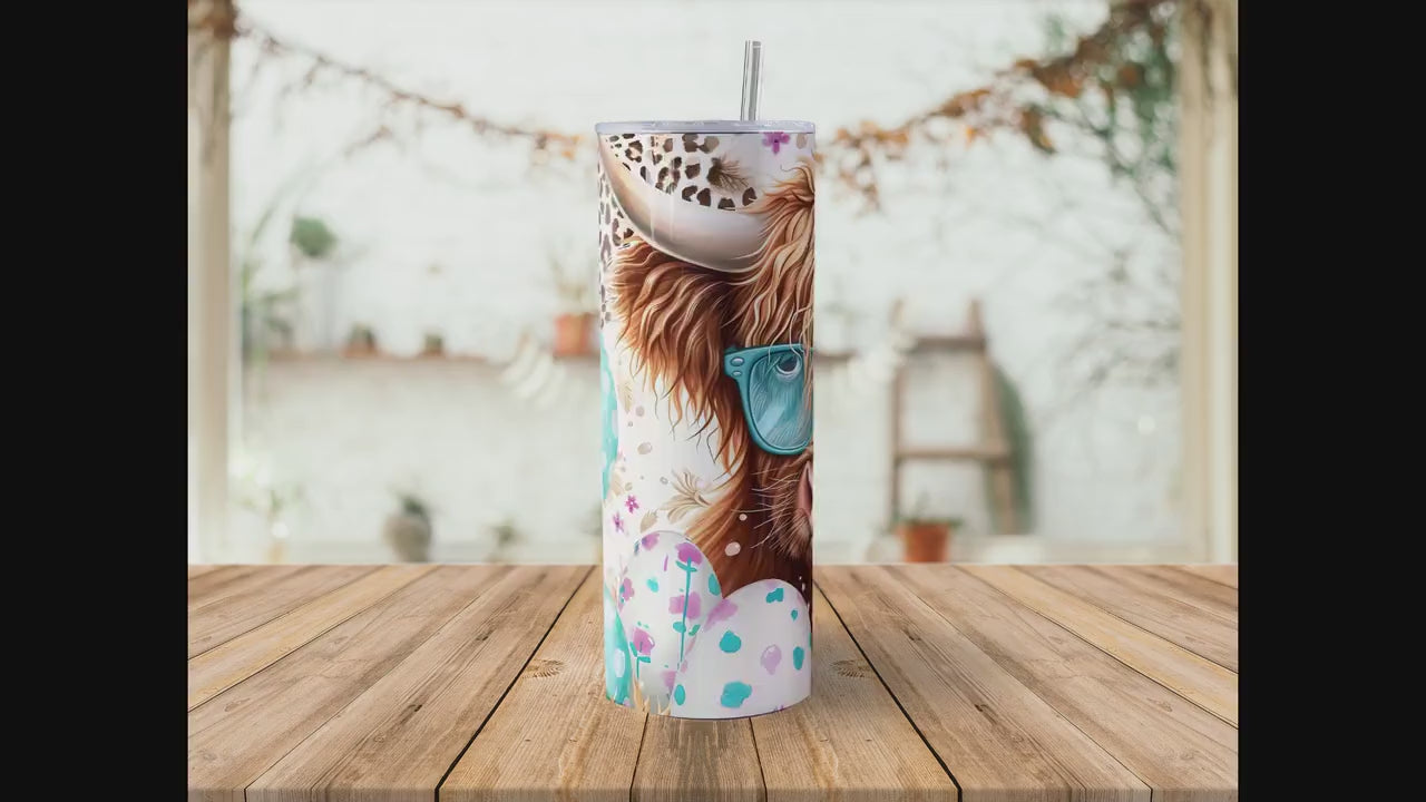 Easter Highland Cow 20oz Skinny Tumbler Sublimation Wrap | Digital Download Straight Tumbler Wrap PNG| Seamless Easter Egg Design| Cute Cow