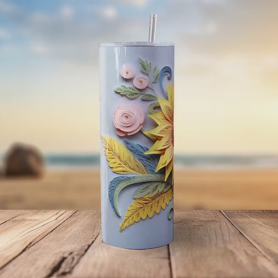 3D Embroidered Sunflower, 20 oz Skinny Tumbler Sublimation Design, Instant Digital Download, Straight & Tapered Tumbler Wrap PNG