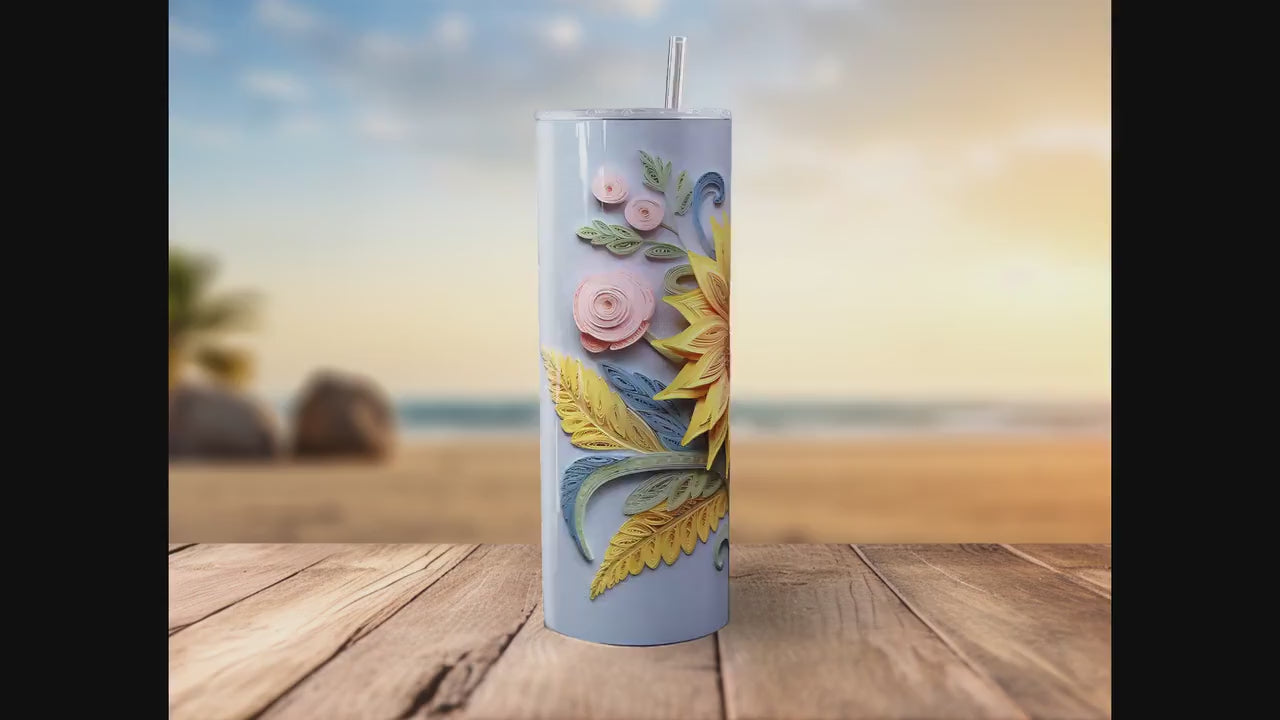 3D Embroidered Sunflower, 20 oz Skinny Tumbler Sublimation Design, Instant Digital Download, Straight & Tapered Tumbler Wrap PNG