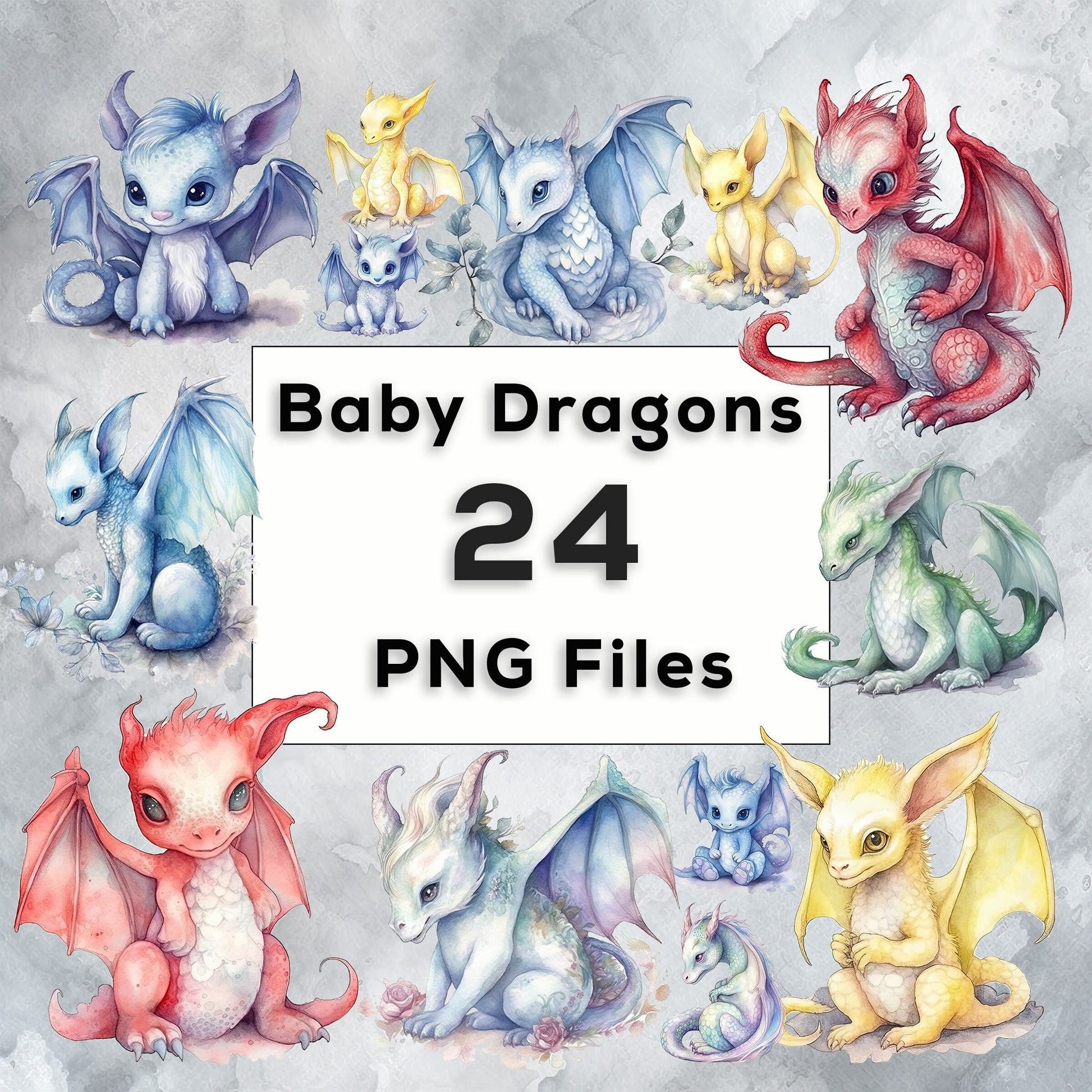 Watercolour Colourful Fantasy Dragon Clipart - Rainbow PNG Digital Downloads for Card Making, Scrapbook, Junk Journal, Paper Crafts