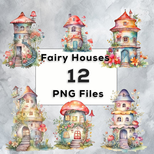 Watercolor Fairy House Clip Art, Fairy House Digital Illustrations 12 PNG Files, Fairy House Digital Paper, Printable Wall Art Fairy Nursery