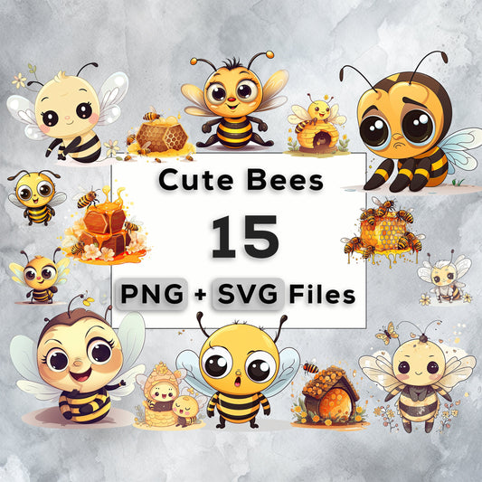Cute Bee Clip Art, Bee PNG Bundle, Honey Bee SVG pack, Busy Bees ClipArt, Commercial Use, T-shirt sublimation, Birthday Invitations, Kawaii