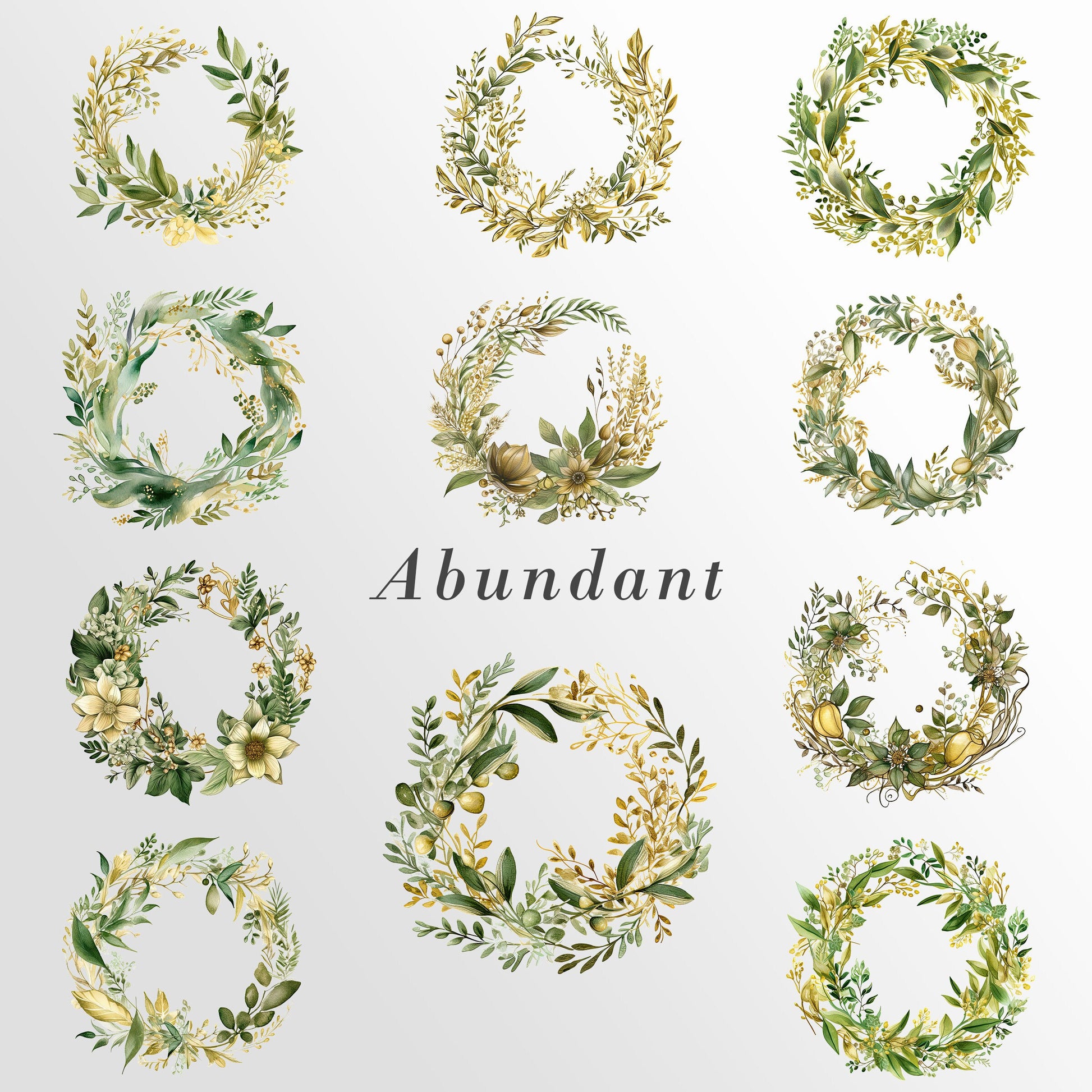 Green and Gold Floral Clipart, Watercolor Wreaths Borders Leaves, Greenery PNG Bundle, Wedding Clipart, Birthday Invitation, Commercial Use