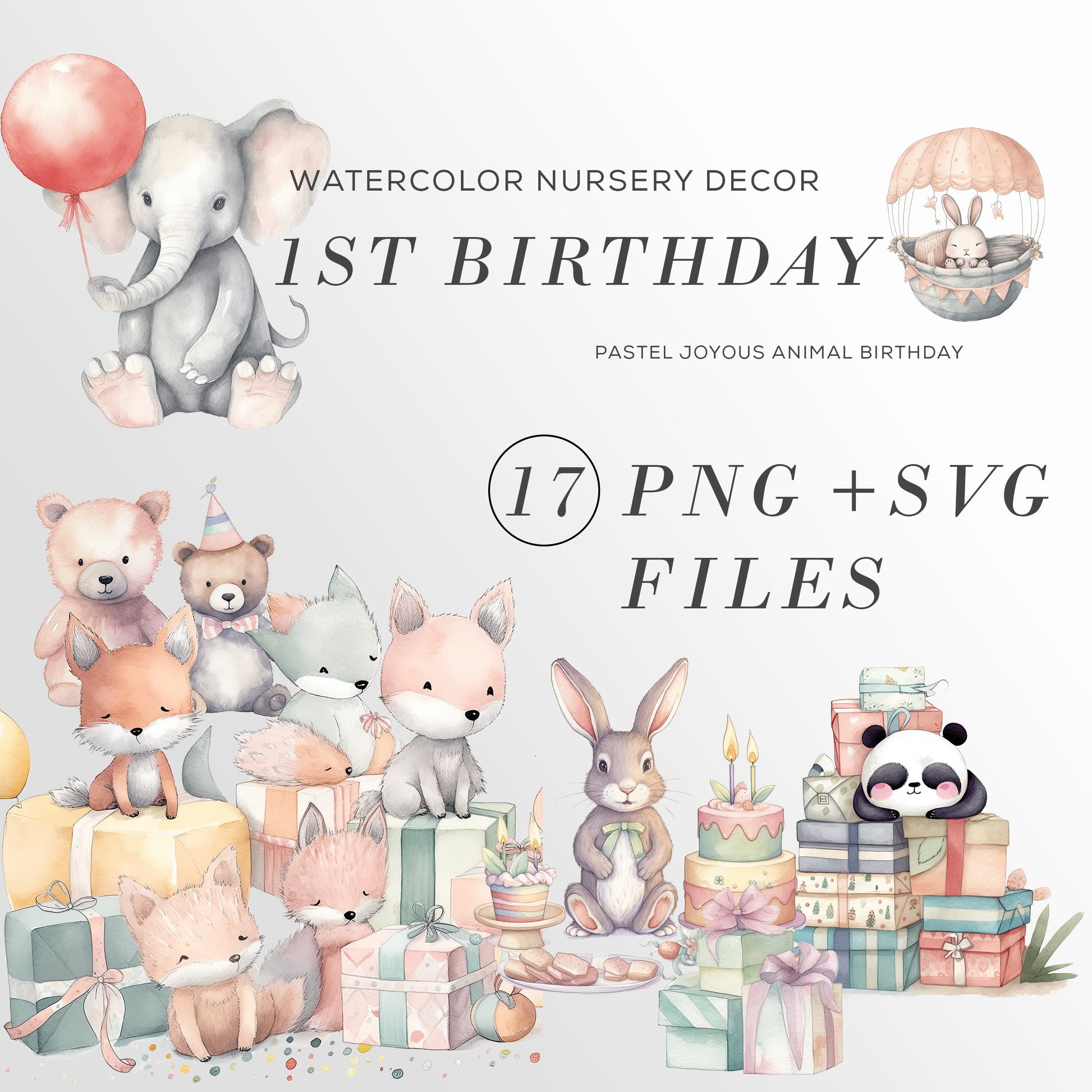 Baby Birthday clipart, Watercolor Animals birthday clipart, Baby Shower gift, animals baloons png, cute animals SVG, Birthday Invitation