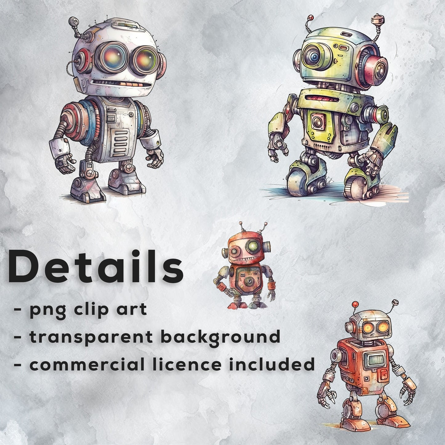 Watercolor Robots Clipart PNG Bundle, T-shirt sublimation, Robot Clipart Wall Art Commercial Use Digital Instant Download, Background Design