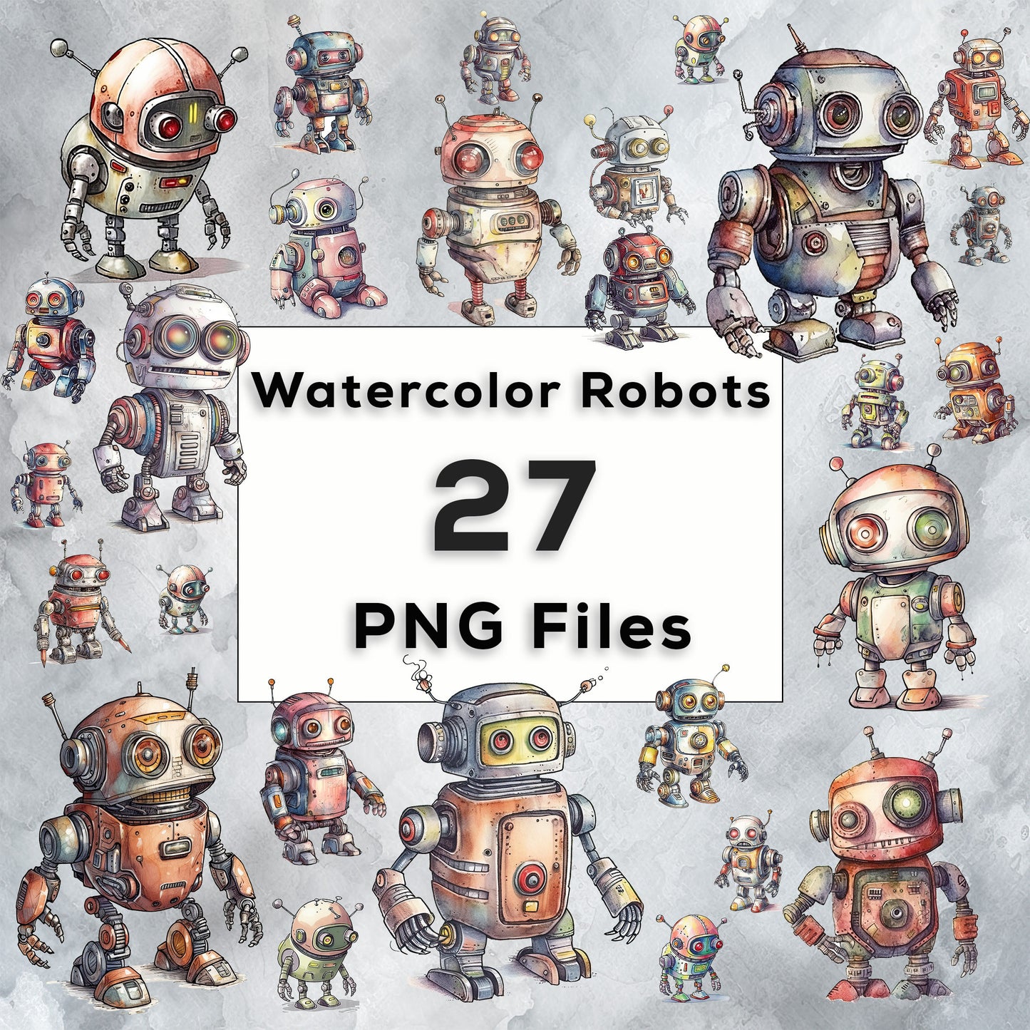 Watercolor Robots Clipart PNG Bundle, T-shirt sublimation, Robot Clipart Wall Art Commercial Use Digital Instant Download, Background Design