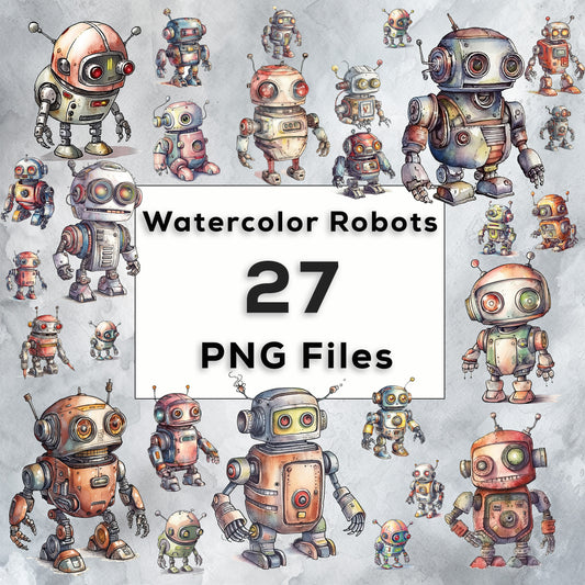 Watercolor Robots Clipart PNG Bundle, T-shirt sublimation, Robot Clipart Wall Art Commercial Use Digital Instant Download, Background Design