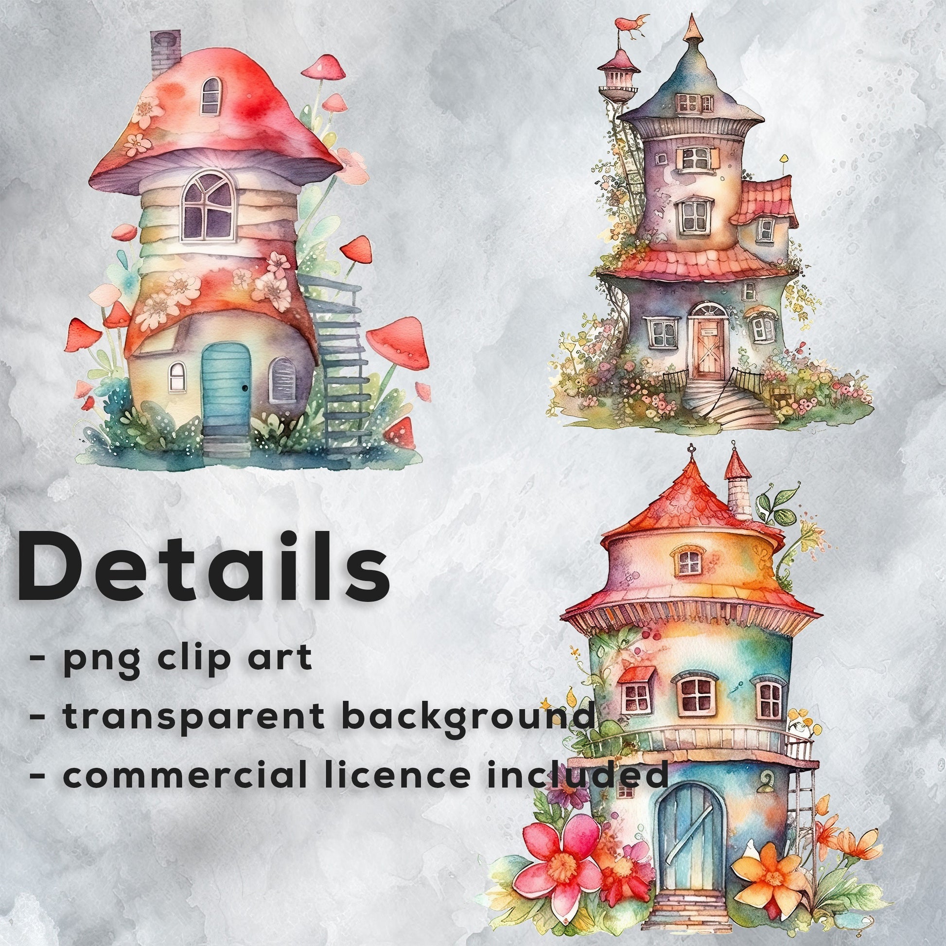 Watercolor Fairy House Clip Art, Fairy House Digital Illustrations 12 PNG Files, Fairy House Digital Paper, Printable Wall Art Fairy Nursery