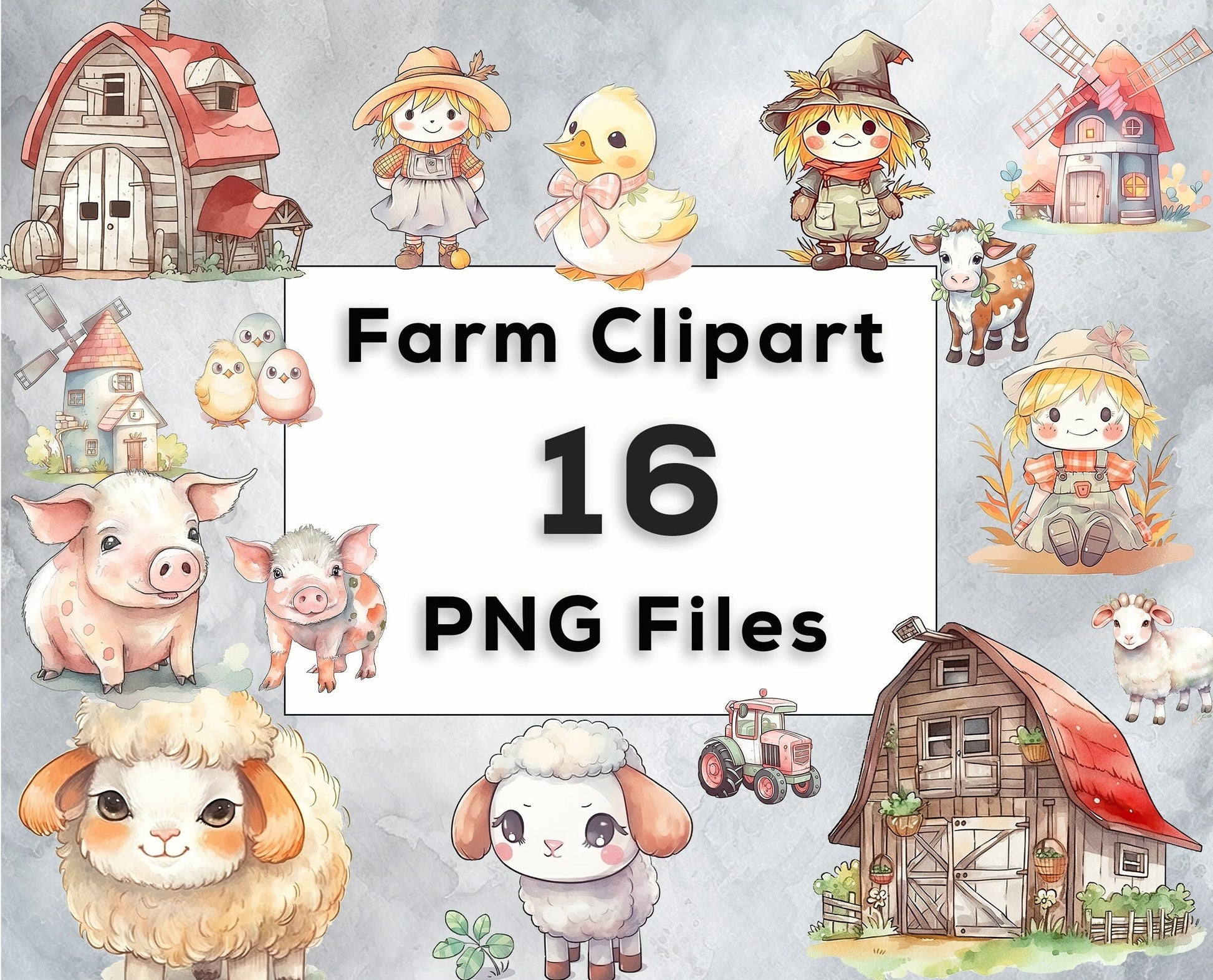 Watercolor farm animals clipart, Cute Farm Clip Art Bundle, Digital Clipart PNG Bundle, Nursery clipart, Printable Art, Birthday Invitation