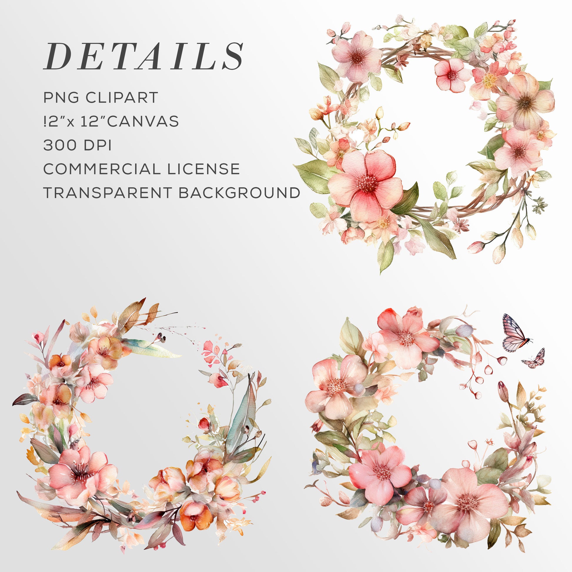 Pink Watercolor Wreath Clipart| Botanical Wreath| Floral Wreath| Botanical Clipart| Green Leaves | Floral Edge| Wreath Png Bundle Commercial