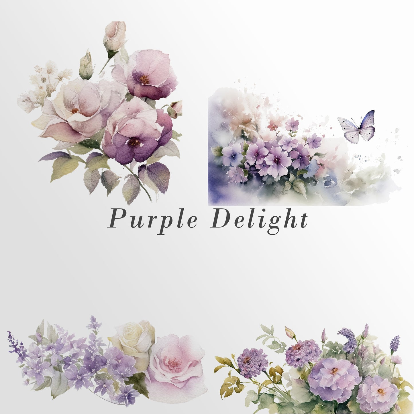 Wild Floral Clipart - Floral Watercolor Borders - Premade Clipart - Wedding Clipart - Floral Borders - Watercolor Clipart - Purple Flowers