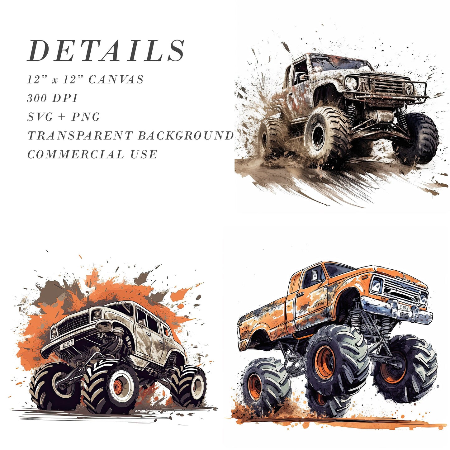 Monster Truck SVG Bundle, Monster Truck Clipart, Commercial Use, T-shirt sublimation, Boy truck svg, Truck SVG, PNG Bundle, 4WD Clip Art