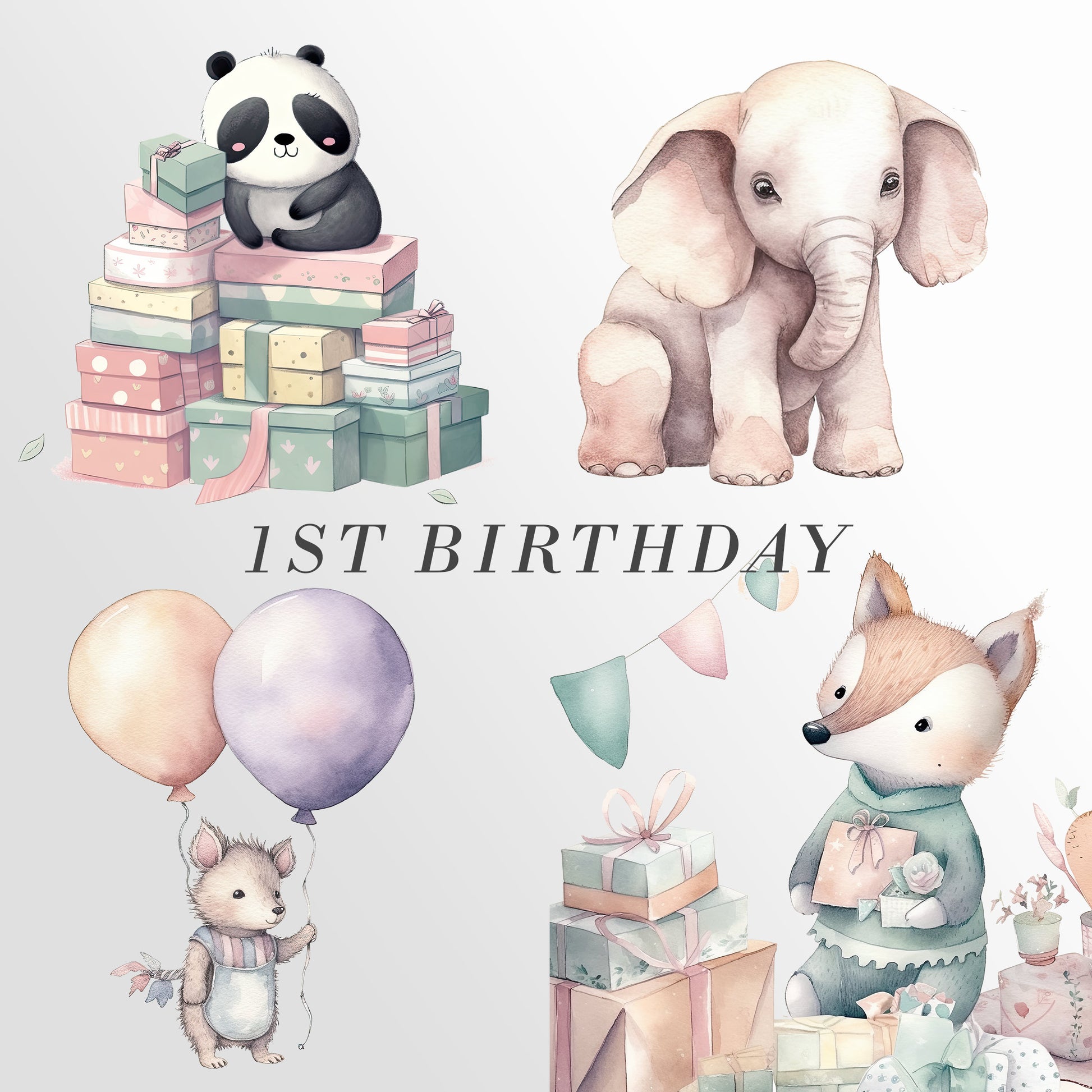 Baby Birthday clipart, Watercolor Animals birthday clipart, Baby Shower gift, animals baloons png, cute animals SVG, Birthday Invitation
