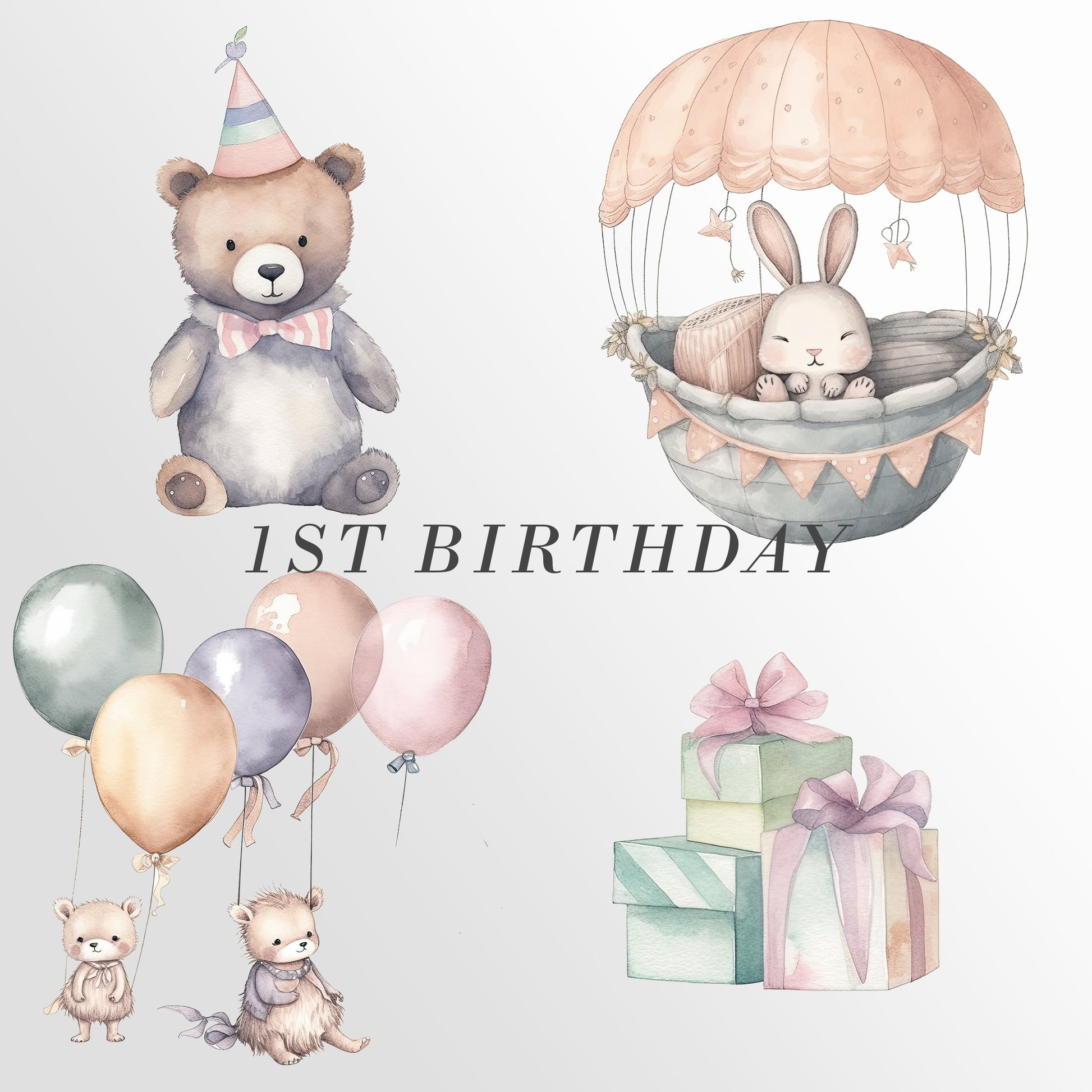 Baby Birthday clipart, Watercolor Animals birthday clipart, Baby Shower gift, animals baloons png, cute animals SVG, Birthday Invitation
