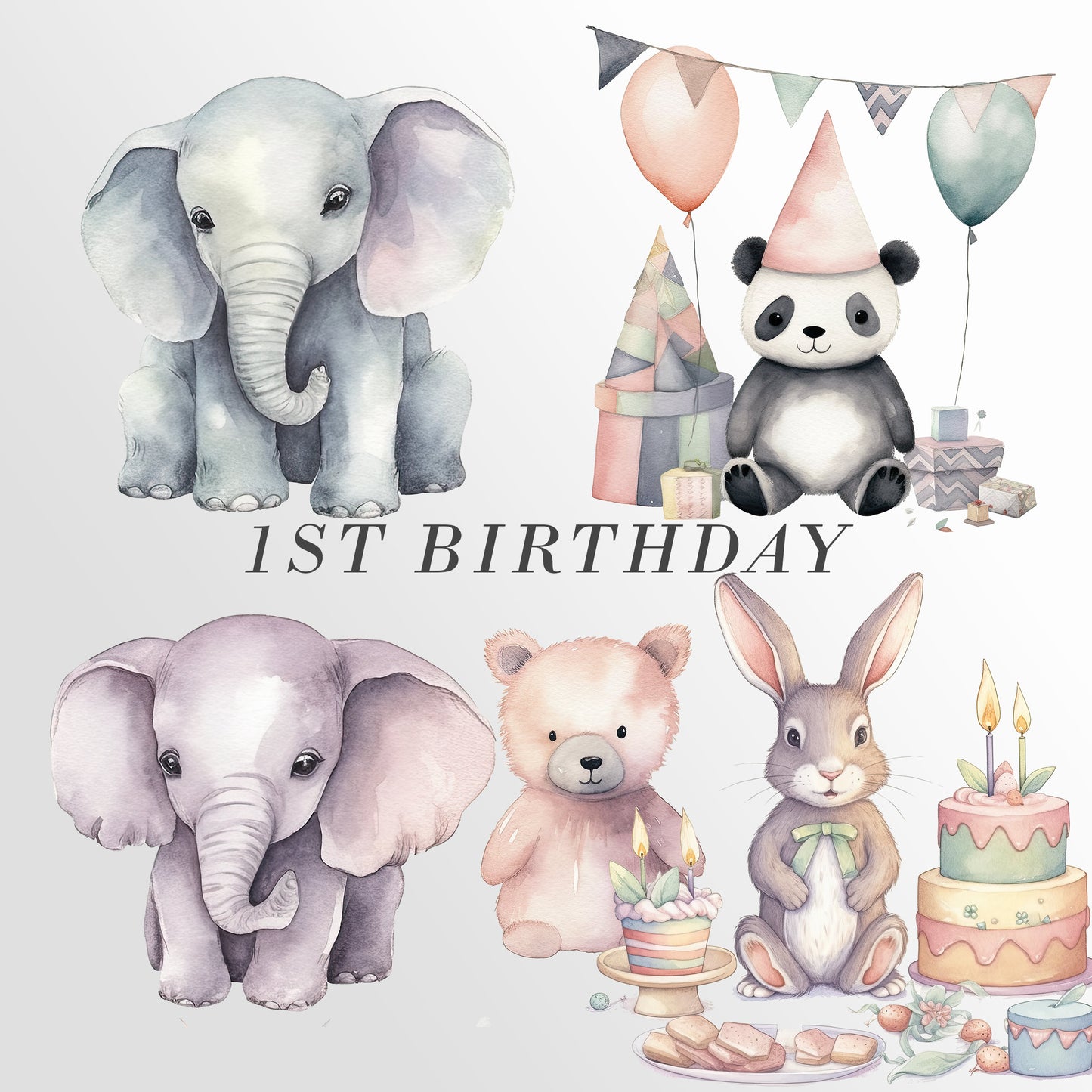 Baby Birthday clipart, Watercolor Animals birthday clipart, Baby Shower gift, animals baloons png, cute animals SVG, Birthday Invitation