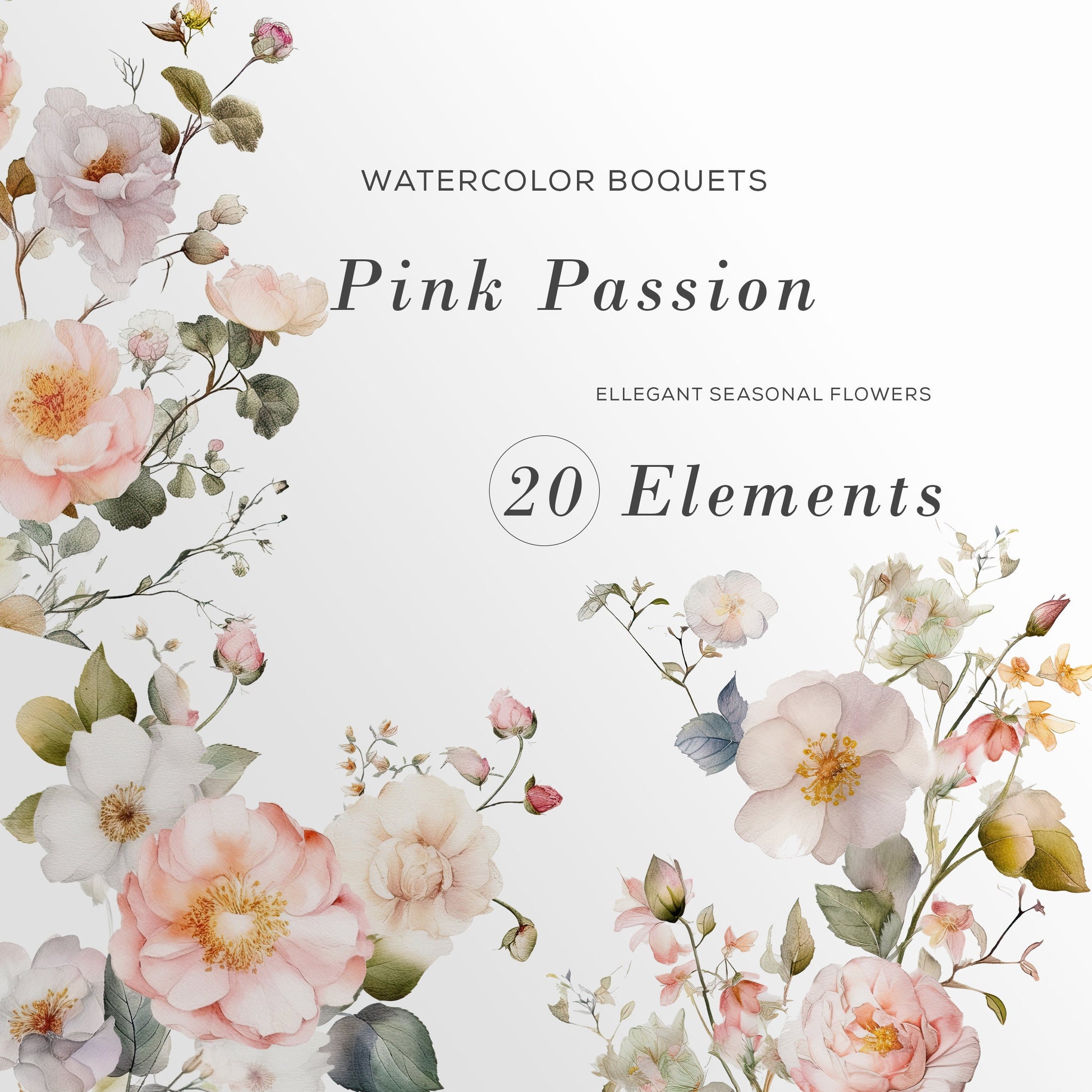 Pink Floral clipart, Watercolor flowers, Premade clipart, wedding invitation, Commercial use, Digital PNG Bundle, Cottagecore Art,