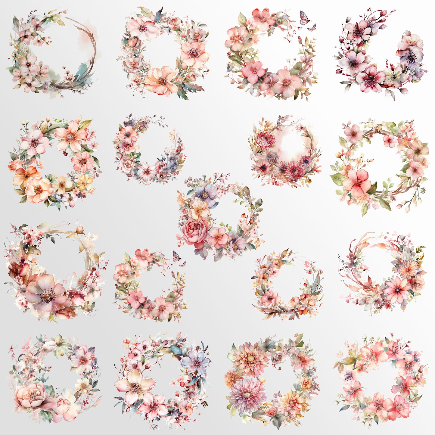 Pink Watercolor Wreath Clipart| Botanical Wreath| Floral Wreath| Botanical Clipart| Green Leaves | Floral Edge| Wreath Png Bundle Commercial