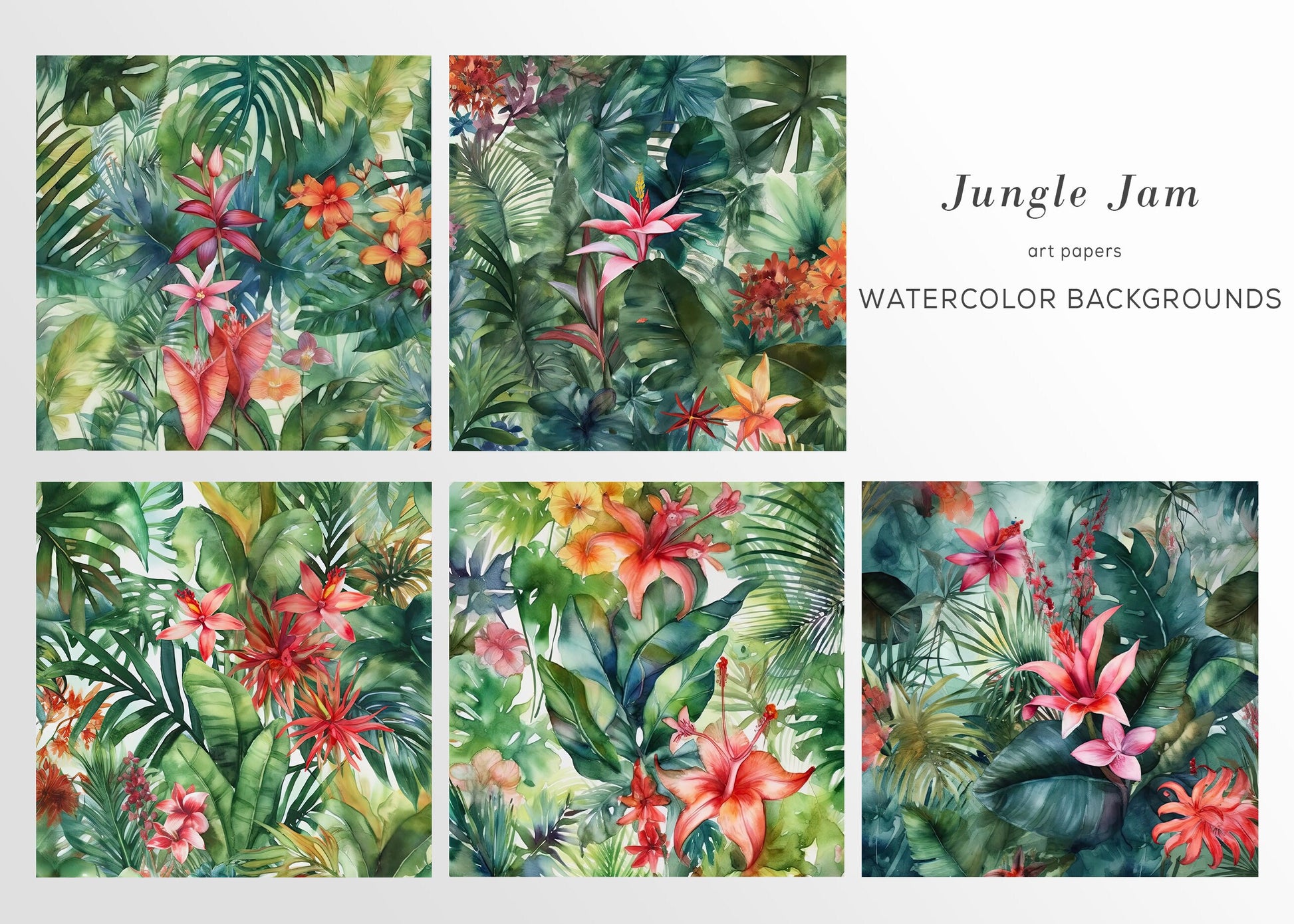 Jungle Digital Papers, Watercolor Clipart, Floral Printable Papers, Flowers Scrapbook, Digital Background, Flower Graphics, Commercial Use