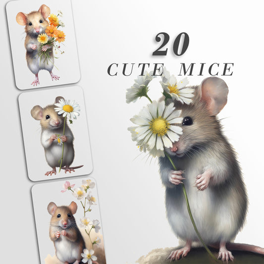 Mouse and Flower Clipart, PNG Bundle, Card Making, Digital Paper Craft, Cute Mice Nursery Art, Sublimation Designs, Commercial Use, PNG Pack