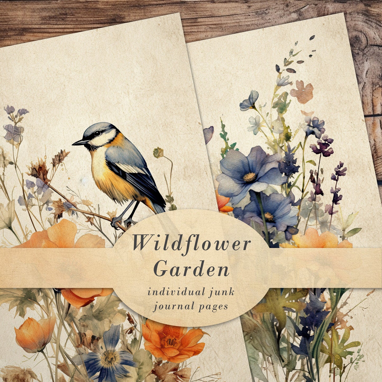 Watercolor Wildflowers Junk Journal Printable Pages, Paper Craft Scrapbook Page, Vintage Cards Printable Paper, Shabby Chic Digital Download