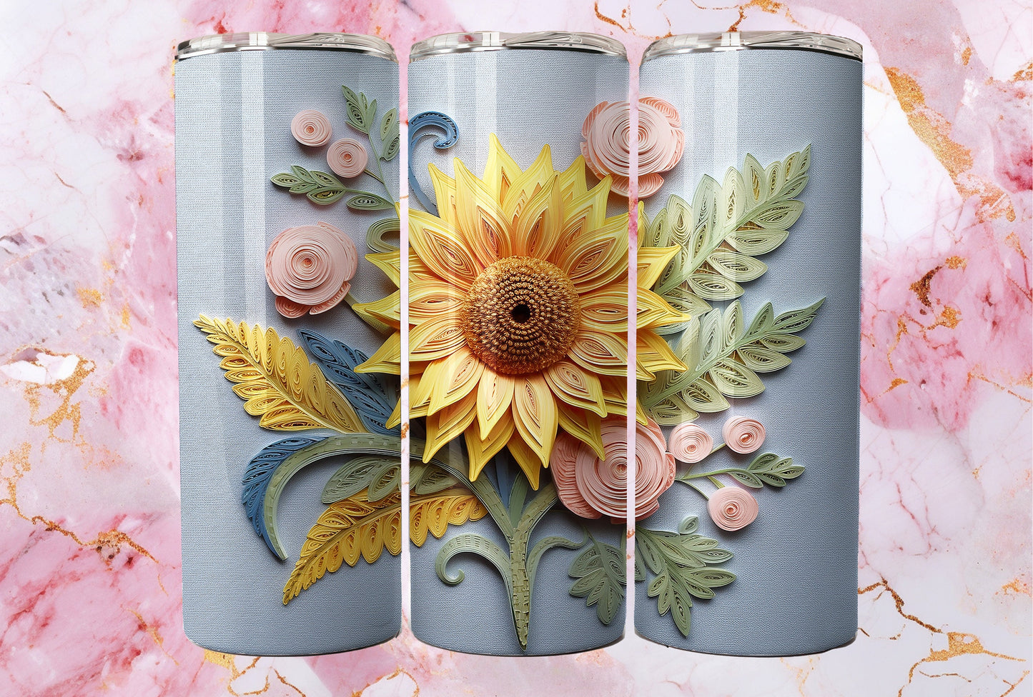 3D Embroidered Sunflower, 20 oz Skinny Tumbler Sublimation Design, Instant Digital Download, Straight & Tapered Tumbler Wrap PNG