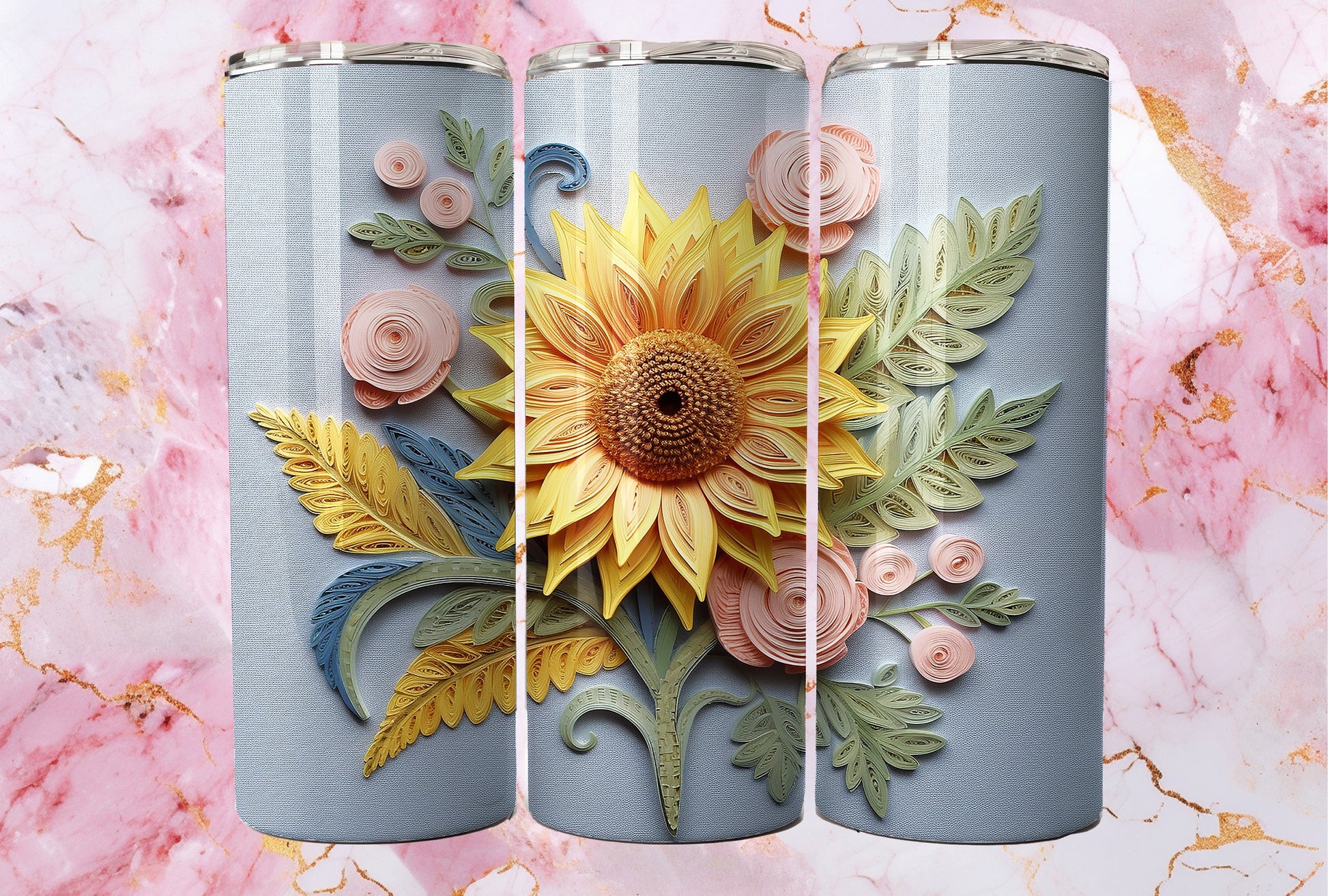 3D Embroidered Sunflower, 20 oz Skinny Tumbler Sublimation Design, Instant Digital Download, Straight & Tapered Tumbler Wrap PNG