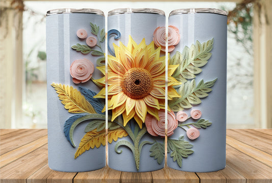 3D Embroidered Sunflower, 20 oz Skinny Tumbler Sublimation Design, Instant Digital Download, Straight & Tapered Tumbler Wrap PNG