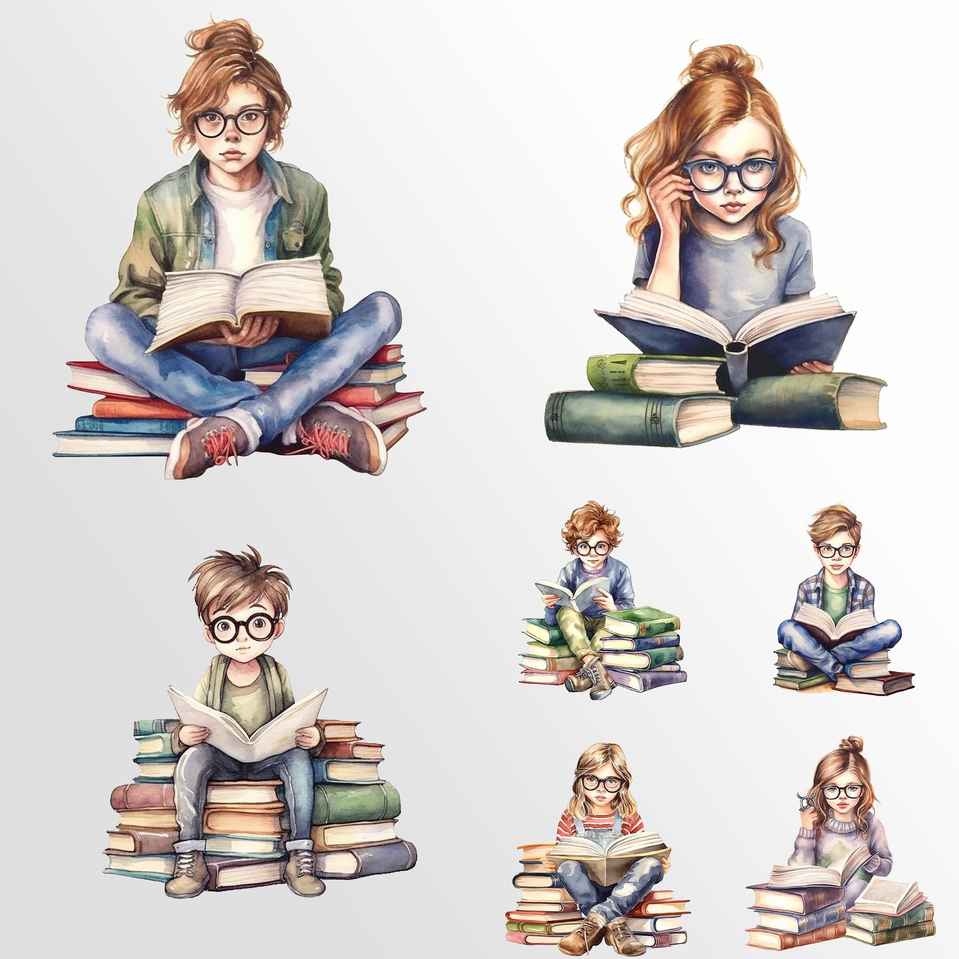 Bookworm Reading Watercolor Clipart, Cats, Fantasy, Favourite Place, Books Bundle PNG, Book Reading, Instant Download, Commercial Use