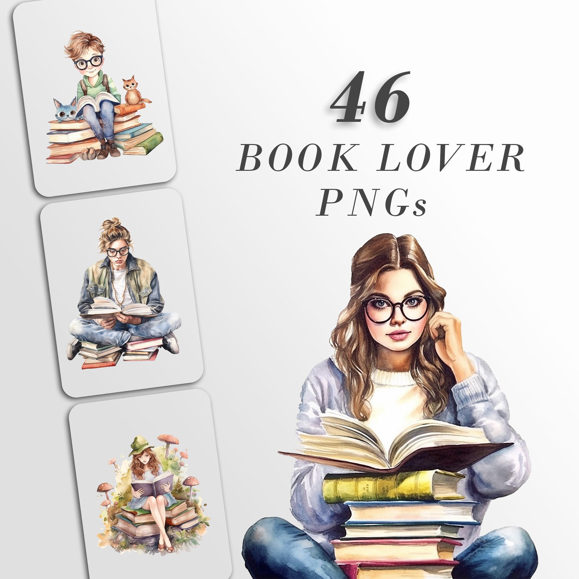 Bookworm Reading Watercolor Clipart, Cats, Fantasy, Favourite Place, Books Bundle PNG, Book Reading, Instant Download, Commercial Use