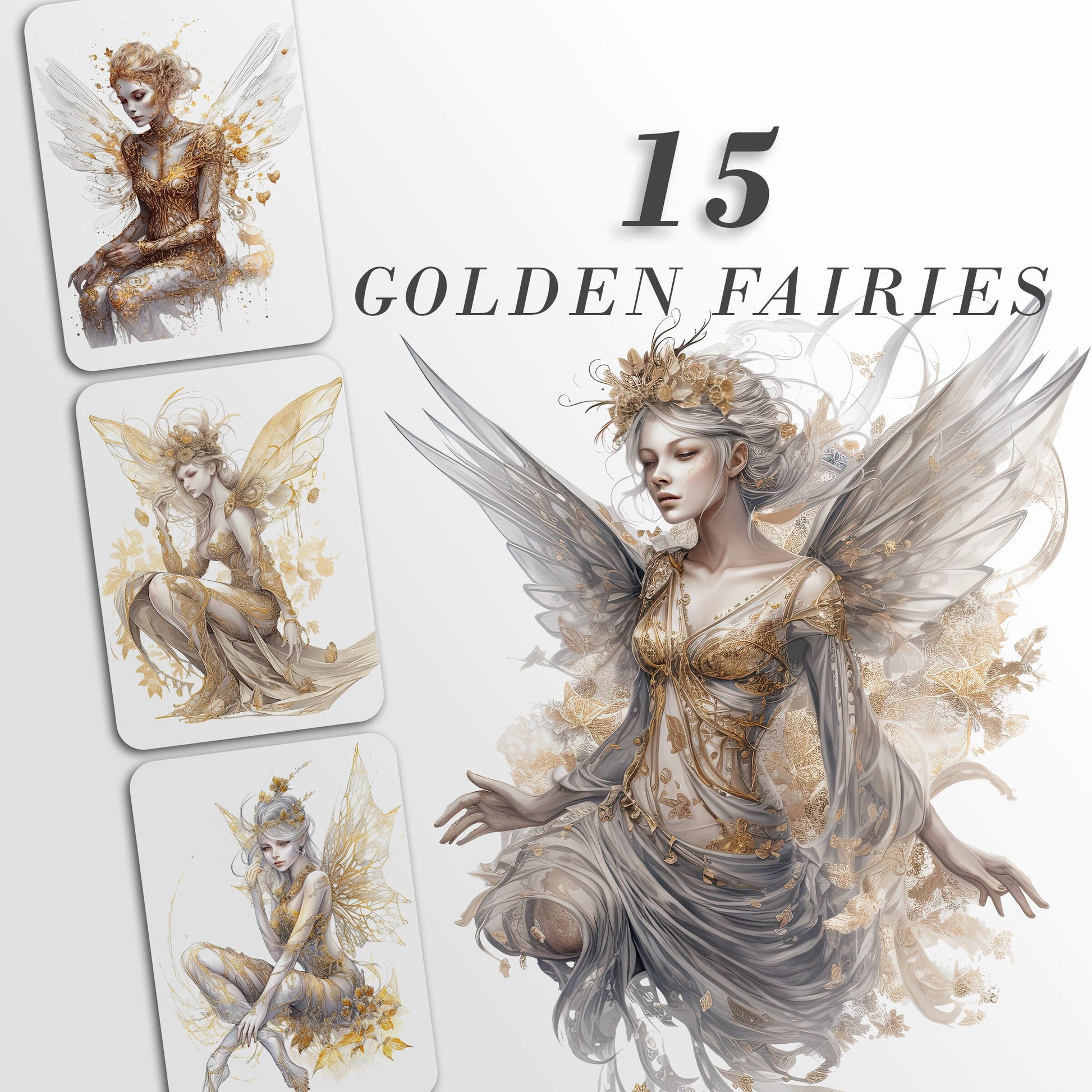 Golden Fairy Watercolor Clipart, Fairies clipart, Fantasy clipart, Fairytale PNG Bundle , book art, Commercial Use, Sublimation Graphics