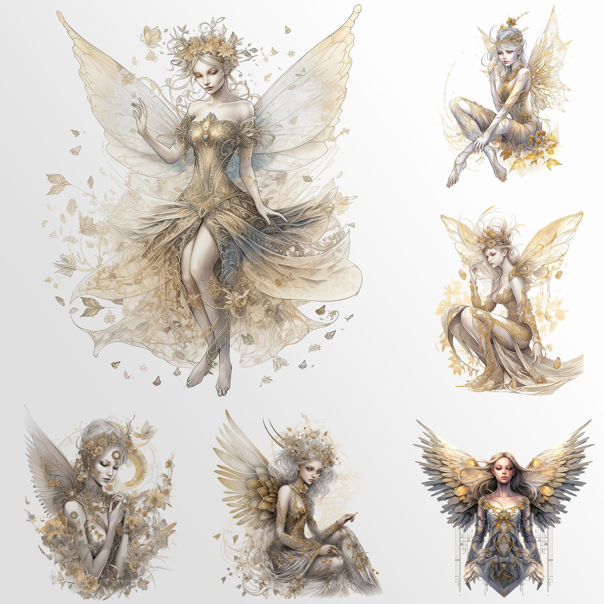 Golden Fairy Watercolor Clipart, Fairies clipart, Fantasy clipart, Fairytale PNG Bundle , book art, Commercial Use, Sublimation Graphics