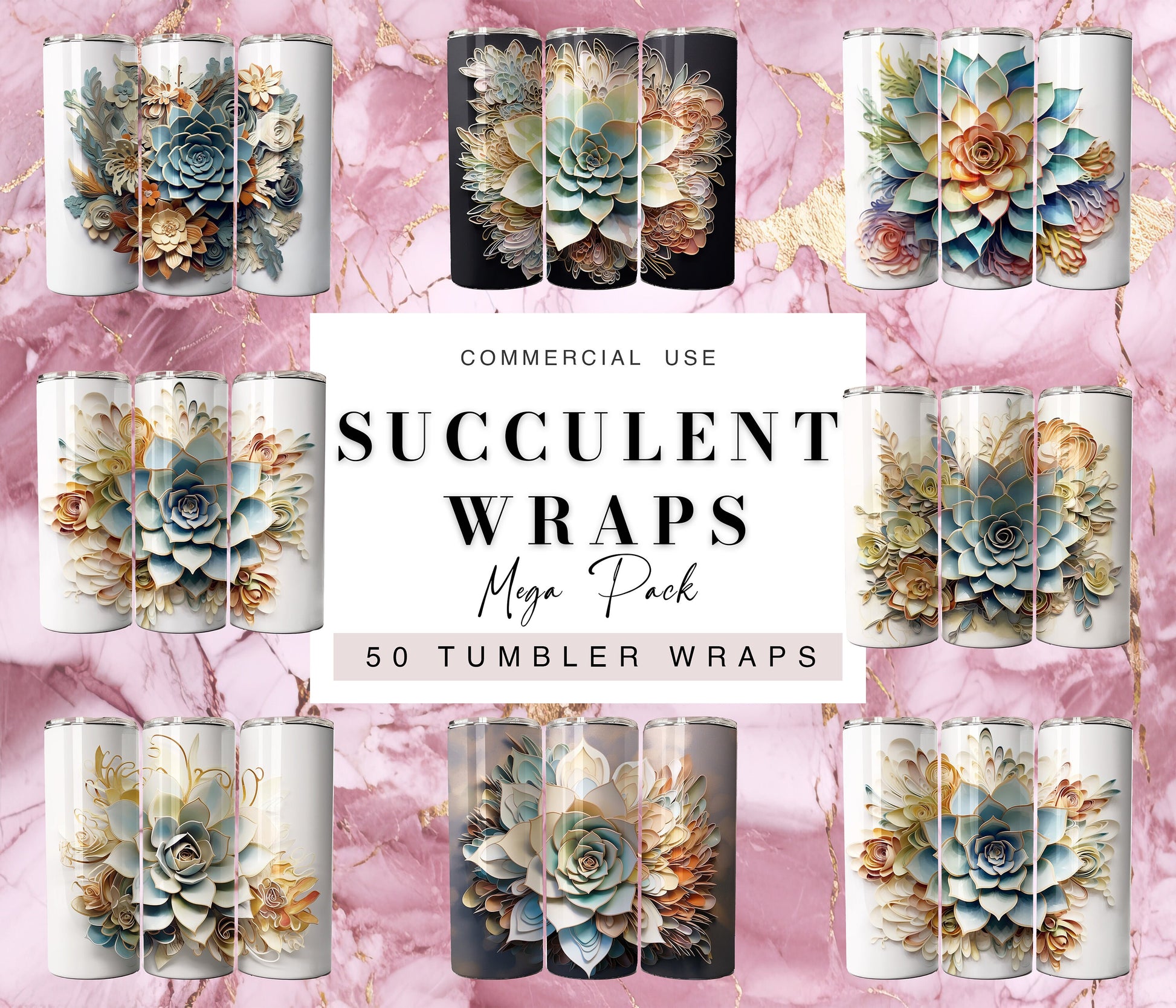 50 3D Watercolor Succulent Tumbler Wrap Bundle, 20 oz Skinny Tumbler Sublimation Design, Tumbler Wrap Designs PNG, Designer PNG Bundle