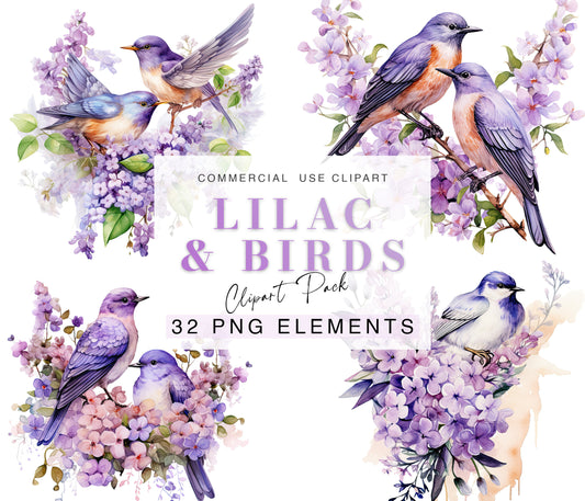 Lilac Birds and flowers Clipart| Designer PNG Bundle| Sublime PNG| Digital Desihning| Invitation Design| Sublimation Graphics| Floral art