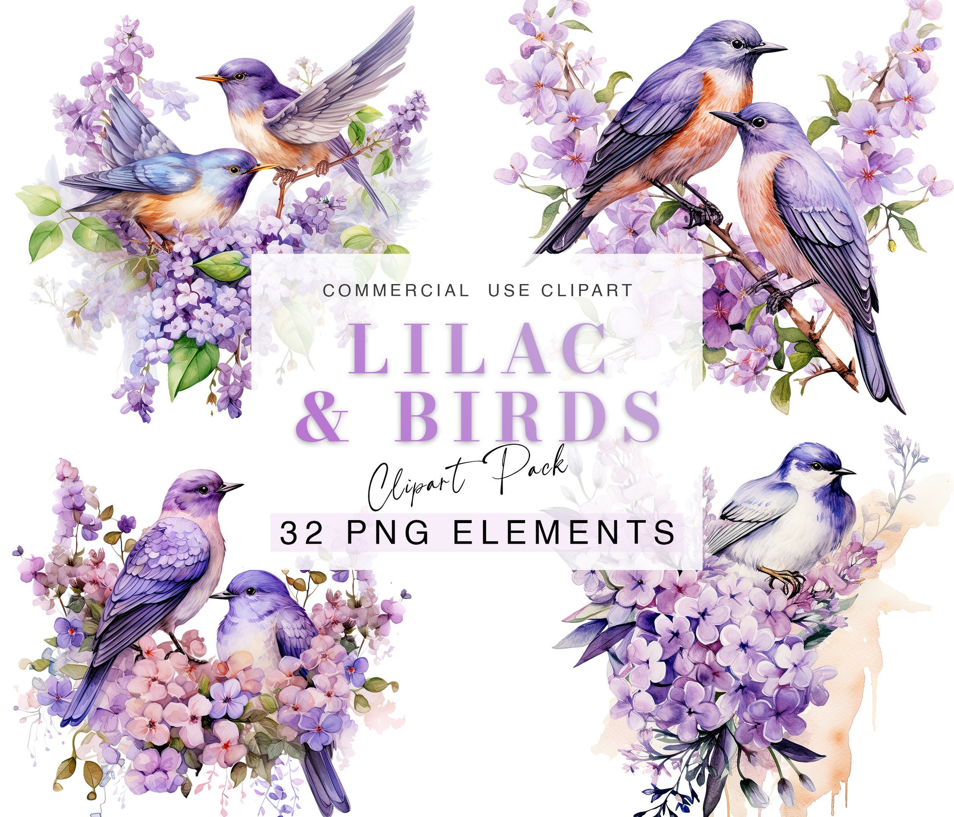 Lilac Birds and flowers Clipart| Nursery Art| Instant Digital Download | Card Making| Invitation Design| Sublimation Graphics| PNG Bundle