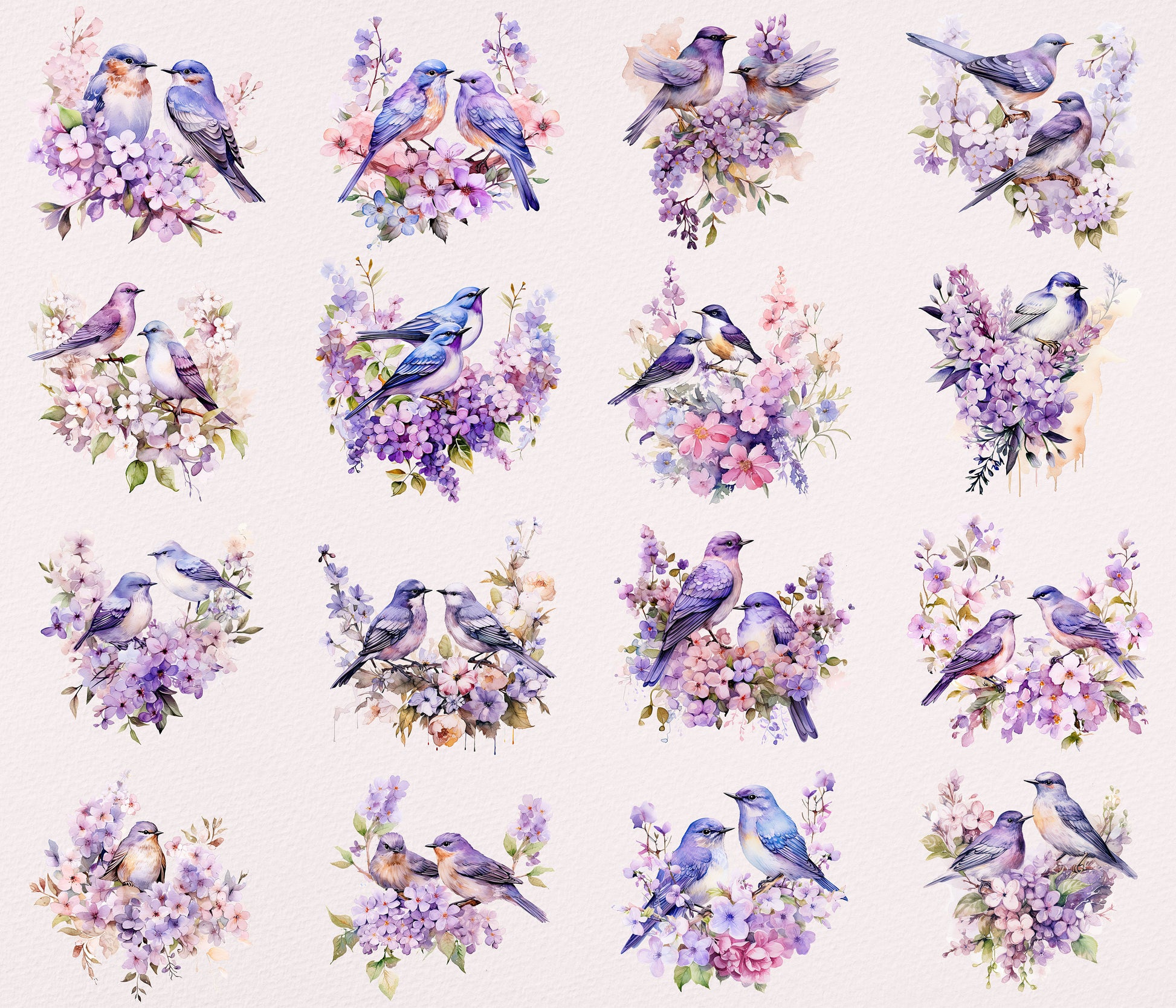 Lilac Birds and flowers Clipart| Nursery Art| Instant Digital Download | Card Making| Invitation Design| Sublimation Graphics| PNG Bundle