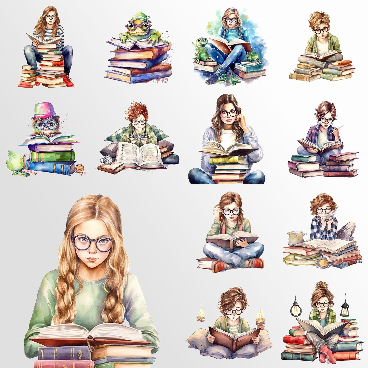 Bookworm Reading Watercolor Clipart, Cats, Fantasy, Favourite Place, Books Bundle PNG, Book Reading, Instant Download, Commercial Use