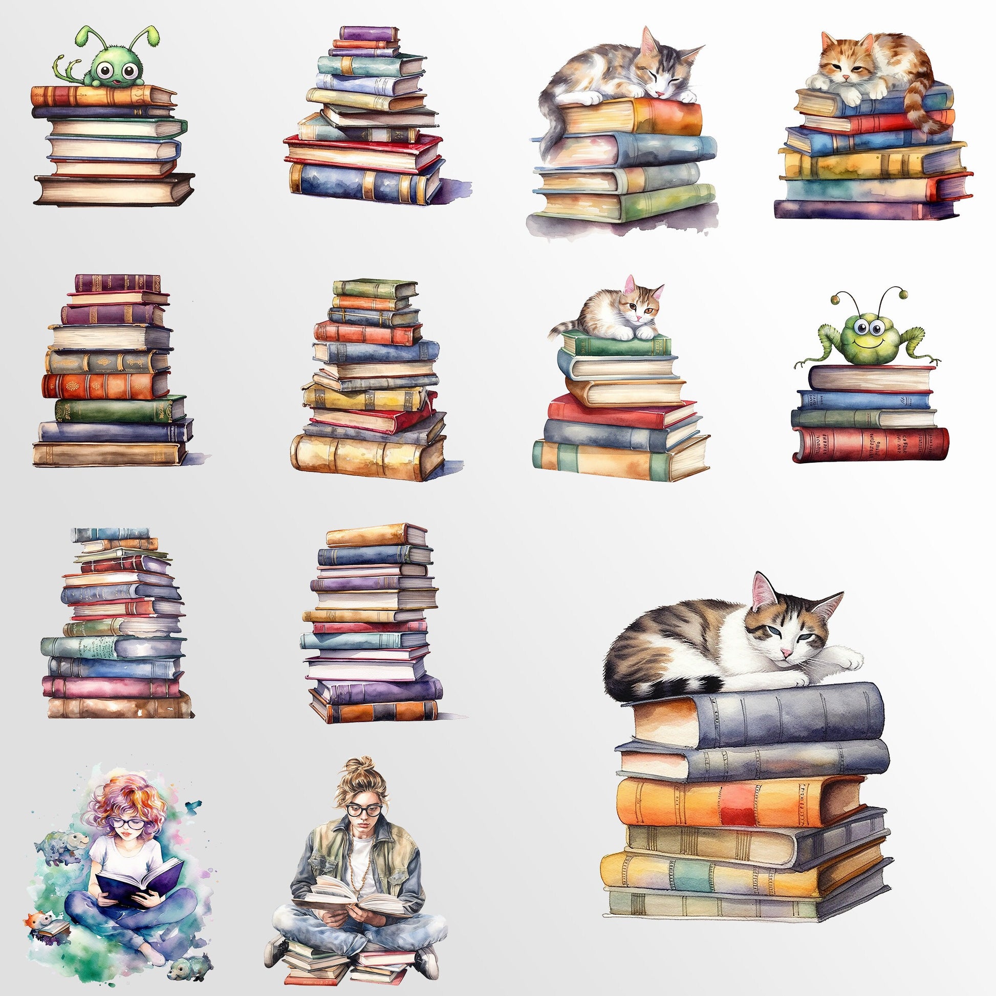 Bookworm Reading Watercolor Clipart, Cats, Fantasy, Favourite Place, Books Bundle PNG, Book Reading, Instant Download, Commercial Use