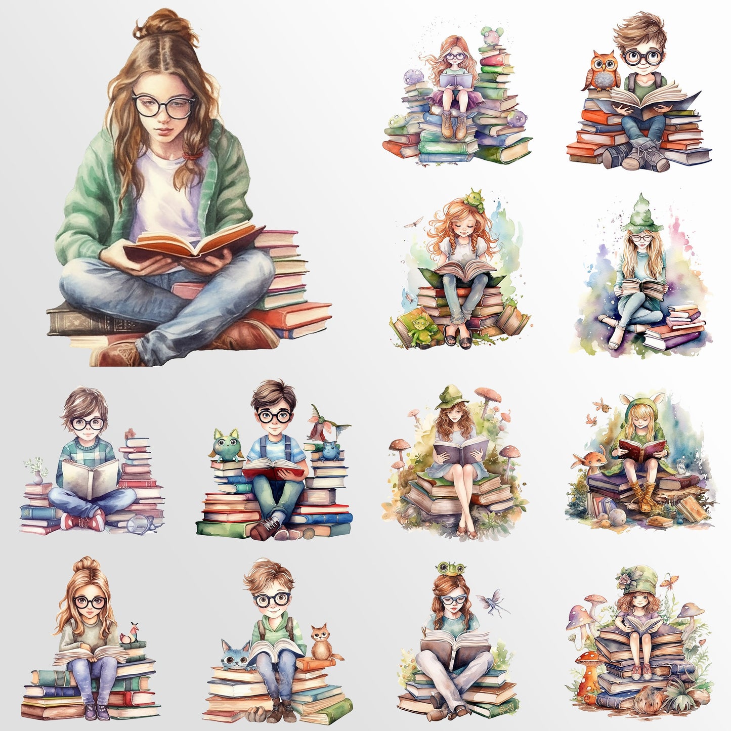 Bookworm Reading Watercolor Clipart, Cats, Fantasy, Favourite Place, Books Bundle PNG, Book Reading, Instant Download, Commercial Use