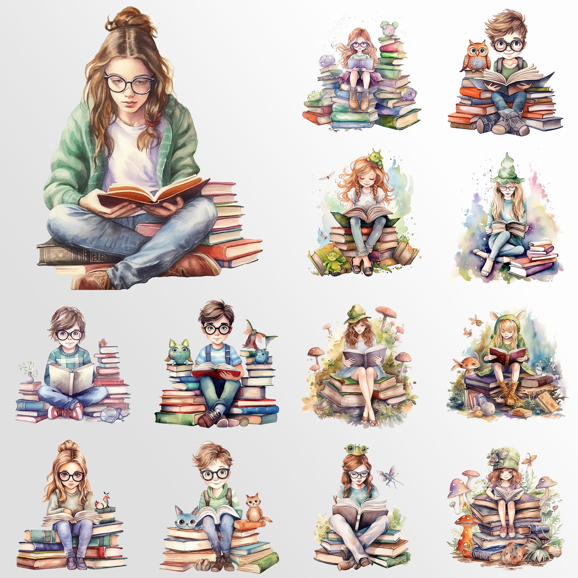 Bookworm Reading Watercolor Clipart, Cats, Fantasy, Favourite Place, Books Bundle PNG, Book Reading, Instant Download, Commercial Use