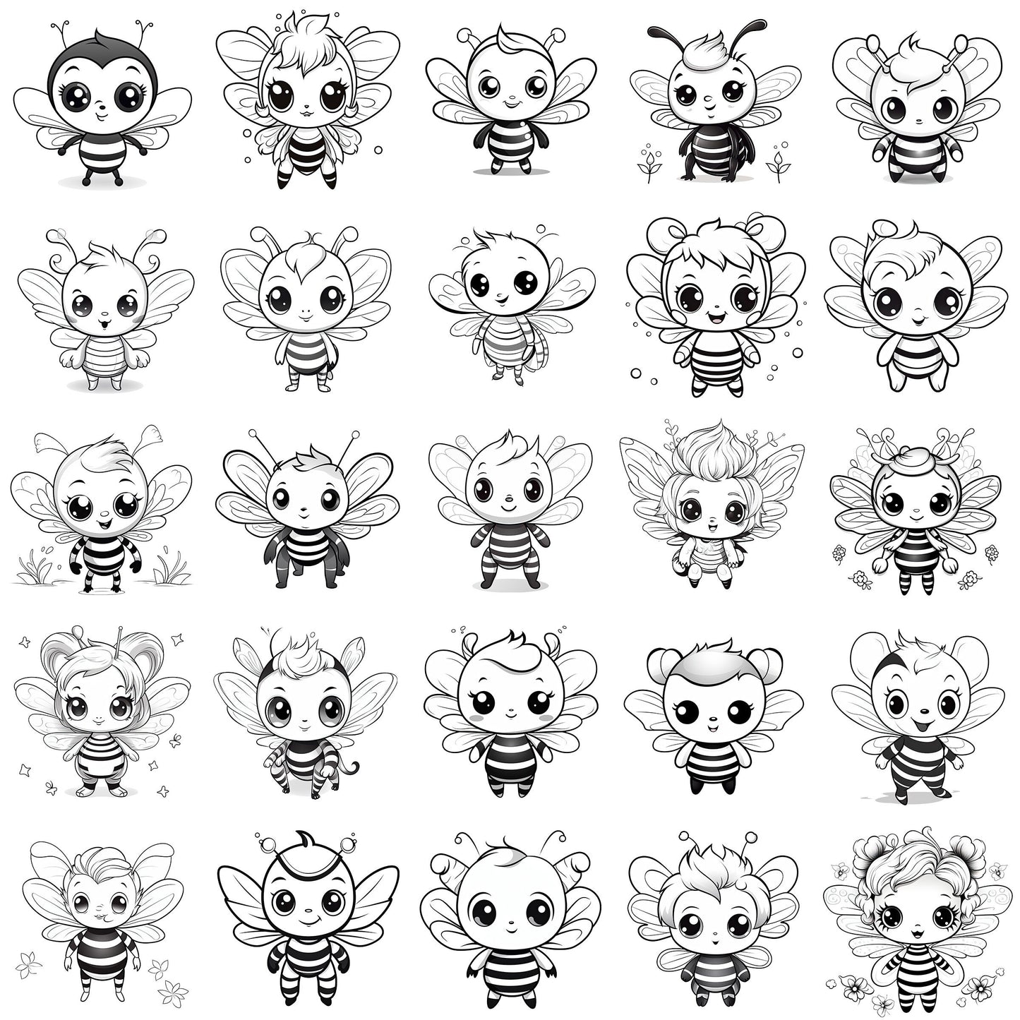 Cute Bee Clip Art, Black and White Bee PNG Bundle, Honey Bee Art, Busy Bees ClipArt, Commercial Use, T-shirt sublimation, Coloring Book Page