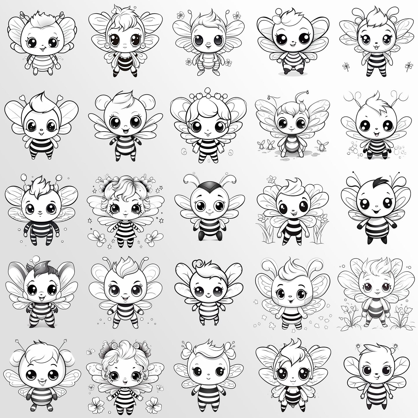 Cute Bee Clip Art, Black and White Bee PNG Bundle, Honey Bee Art, Busy Bees ClipArt, Commercial Use, T-shirt sublimation, Coloring Book Page